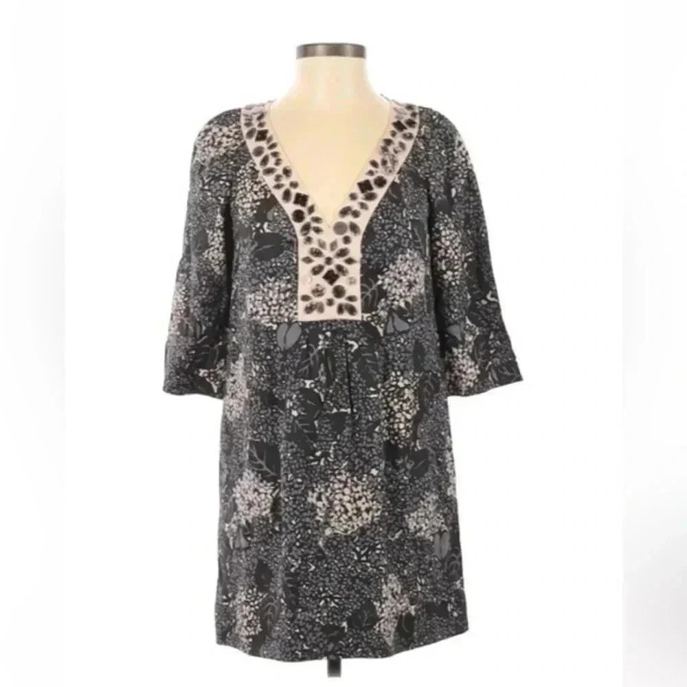 Rebecca Taylor | Black Cream Silk 3/4 Sleeve Floral Embellishments Dress Size 0